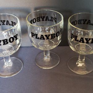 Lot of 3 Vintage 1970’s Playboy Goblet Clear Glass Thumbprint Large Wine Glasses